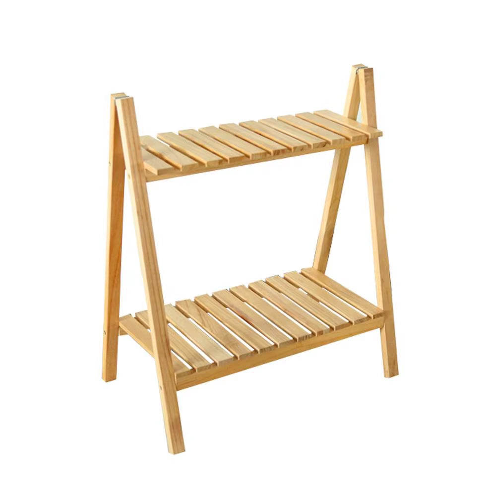 Wooden Plant Stand Rugged and Durable Double-Layer Trapezoidal Design Household 2 Tier Foldable Flower Pot Display Shelf Rack