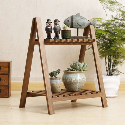 Wooden Plant Stand Rugged and Durable Double-Layer Trapezoidal Design Household 2 Tier Foldable Flower Pot Display Shelf Rack
