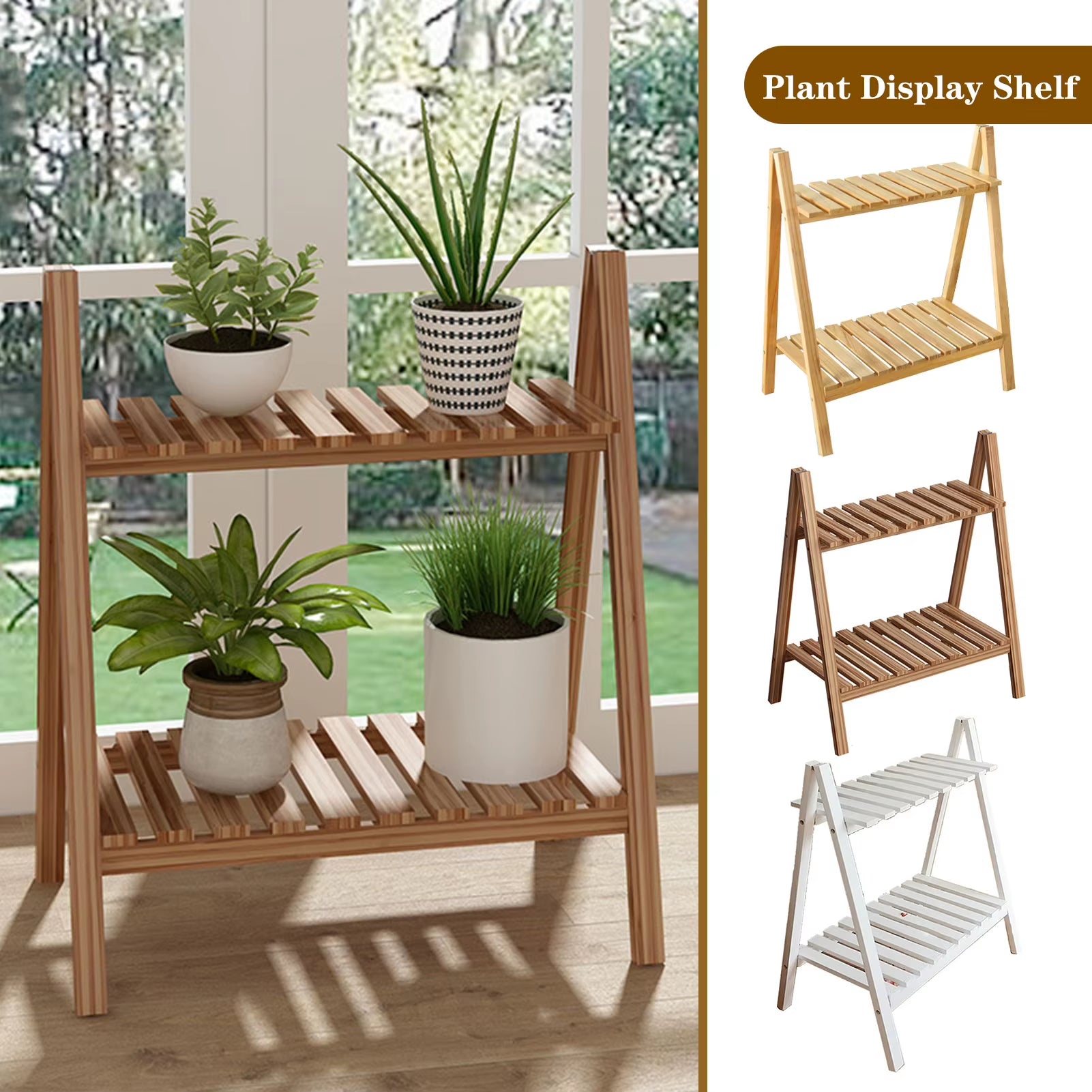 Wooden Plant Stand Rugged and Durable Double-Layer Trapezoidal Design Household 2 Tier Foldable Flower Pot Display Shelf Rack