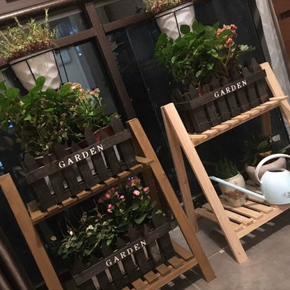 Wooden Plant Stand Rugged and Durable Double-Layer Trapezoidal Design Household 2 Tier Foldable Flower Pot Display Shelf Rack