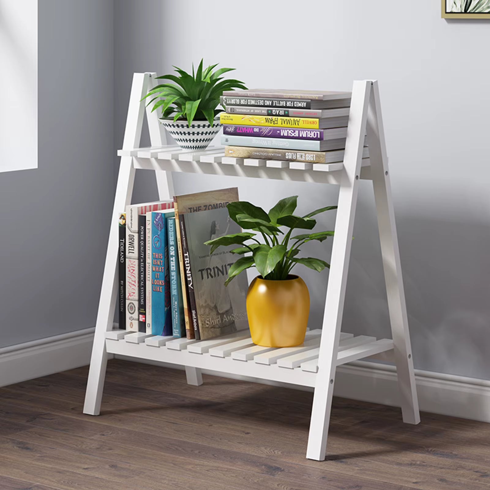 Wooden Plant Stand Rugged and Durable Double-Layer Trapezoidal Design Household 2 Tier Foldable Flower Pot Display Shelf Rack