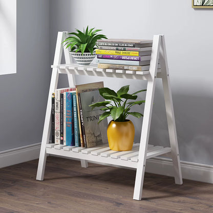 Wooden Plant Stand Rugged and Durable Double-Layer Trapezoidal Design Household 2 Tier Foldable Flower Pot Display Shelf Rack